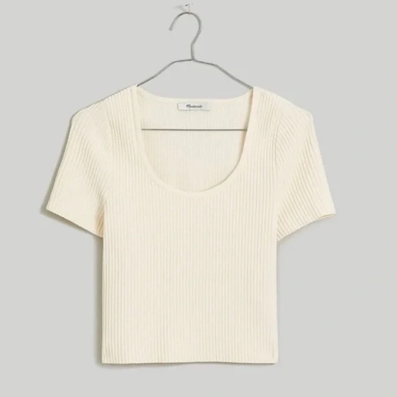 Madewell Ottoman Crop Sweater Tee in Bright Ivory Size XXS Ribbed Scoop Neck - Picture 1 of 9